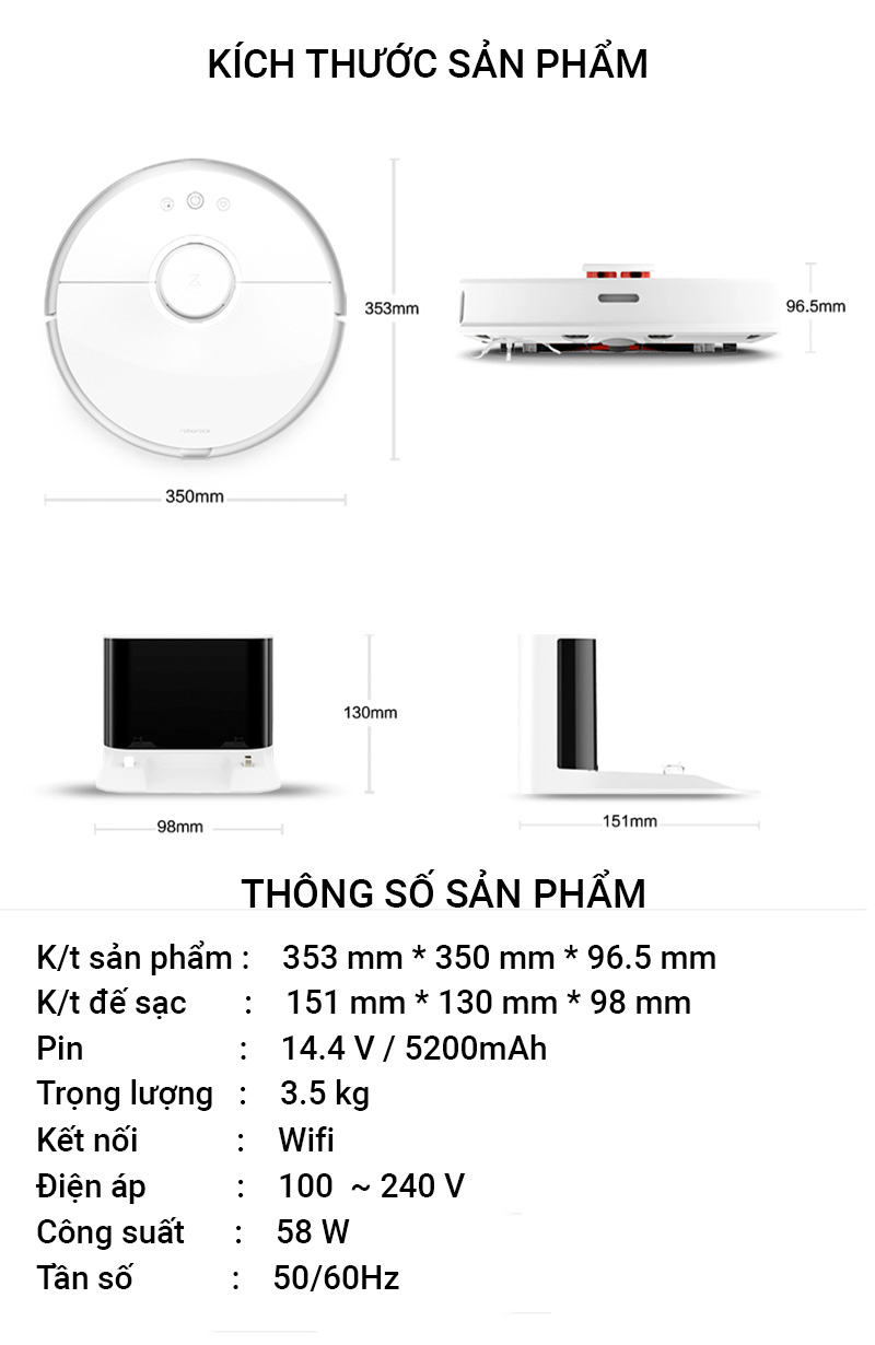 Thông số cấu hình của Robot hút bụi Xiaomi Roborock Gen 2 màu trắng