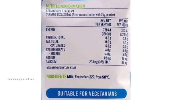 Các thành phần nhiều dưỡng chất trong sữa bột Devondale.
